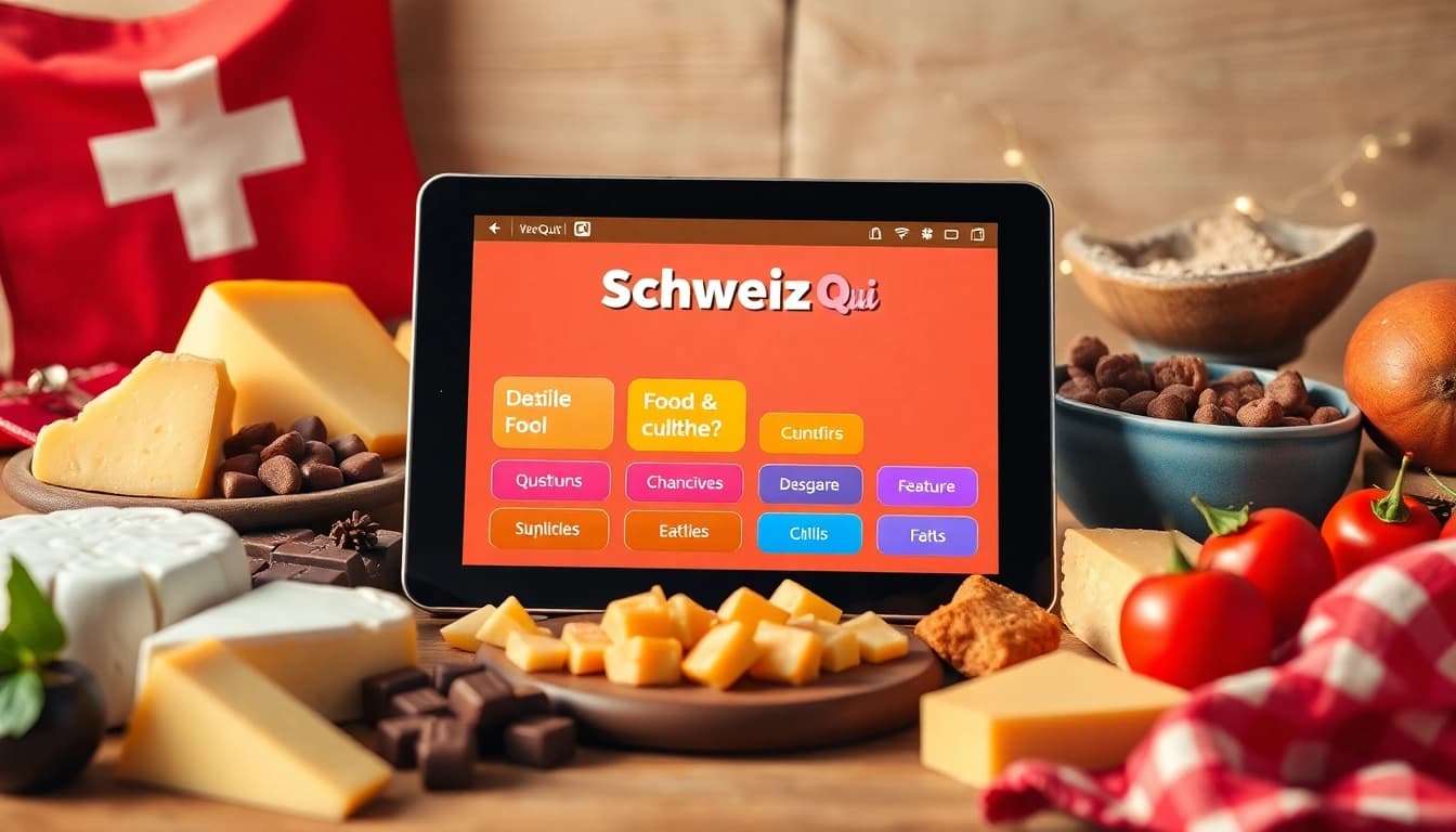Ansprechende Schweiz-Quiz-Oberfläche mit Schweizer Kulinarik-Elementen, fördert spielerisches Lernen.