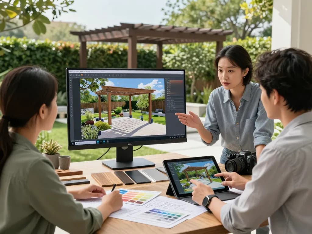 Pergola Konfigurator Software Schweiz, die in einer ruhigen Design-Sitzung mit einem Kunden verwendet wird und lebendige 3D-Visualisierungen und Materialien zeigt.