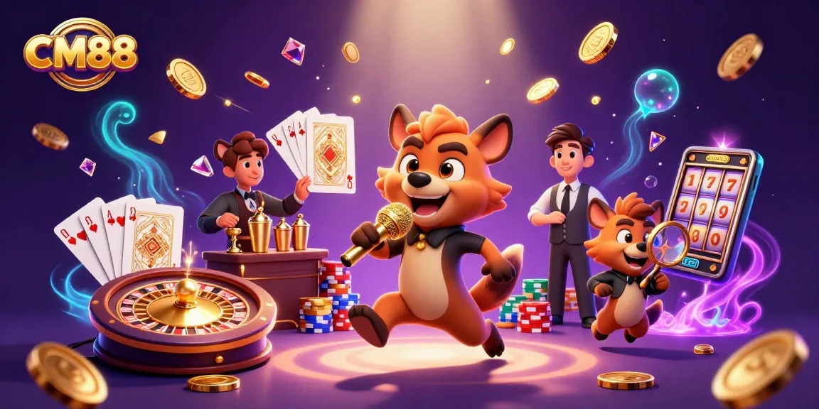 Engage with CM88 as a hyena bartender mixes drinks in a vibrant casino atmosphere filled with golden coins.