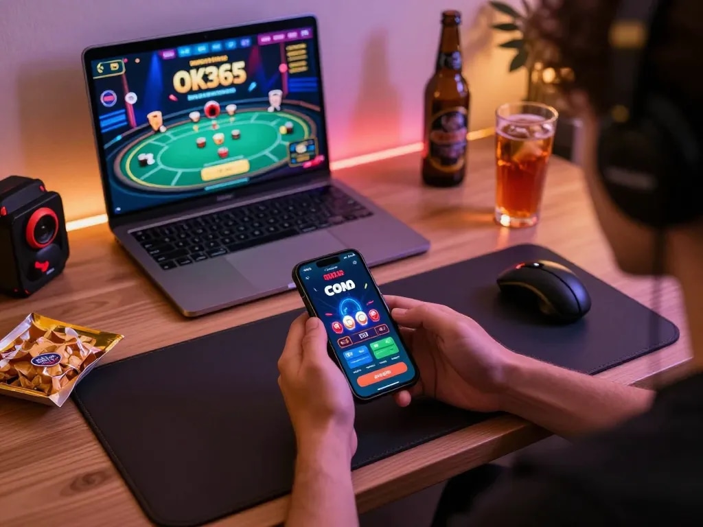 Engaging with OK365 COM app during online gaming session on smartphone at a cozy desk