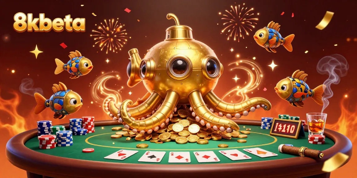 Engage with 8kbeta's exciting casino experience featuring a golden kraken and poker elements.