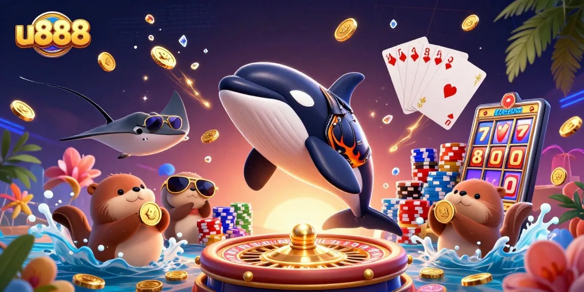 Experience the excitement of u888 with vibrant casino elements and lively characters in a dynamic scene.