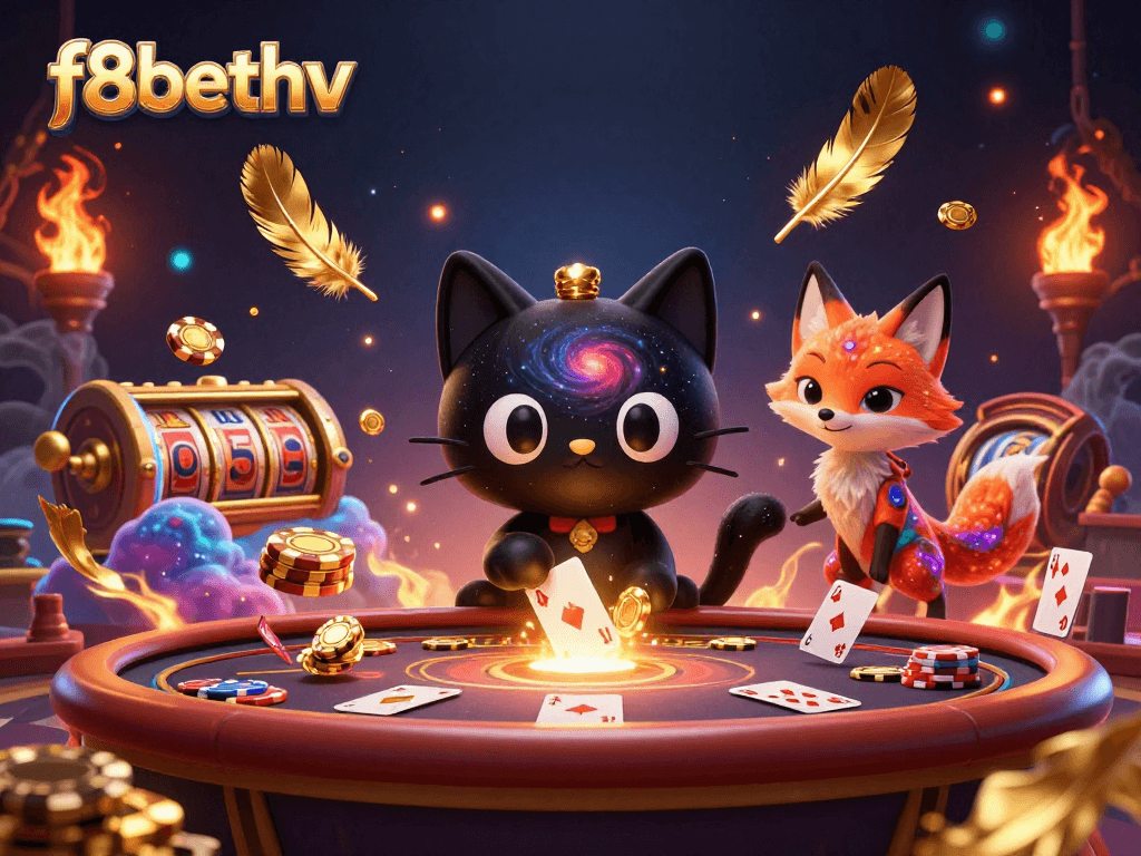 Experience the thrill of f8bethv with a cosmic casino scene featuring vibrant characters and dynamic gambling elements.