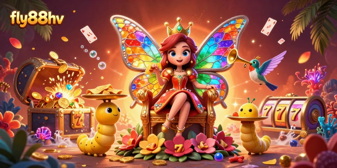 Experience the vibrant world of fly88hv with an enchanting butterfly queen in a magical casino setting.