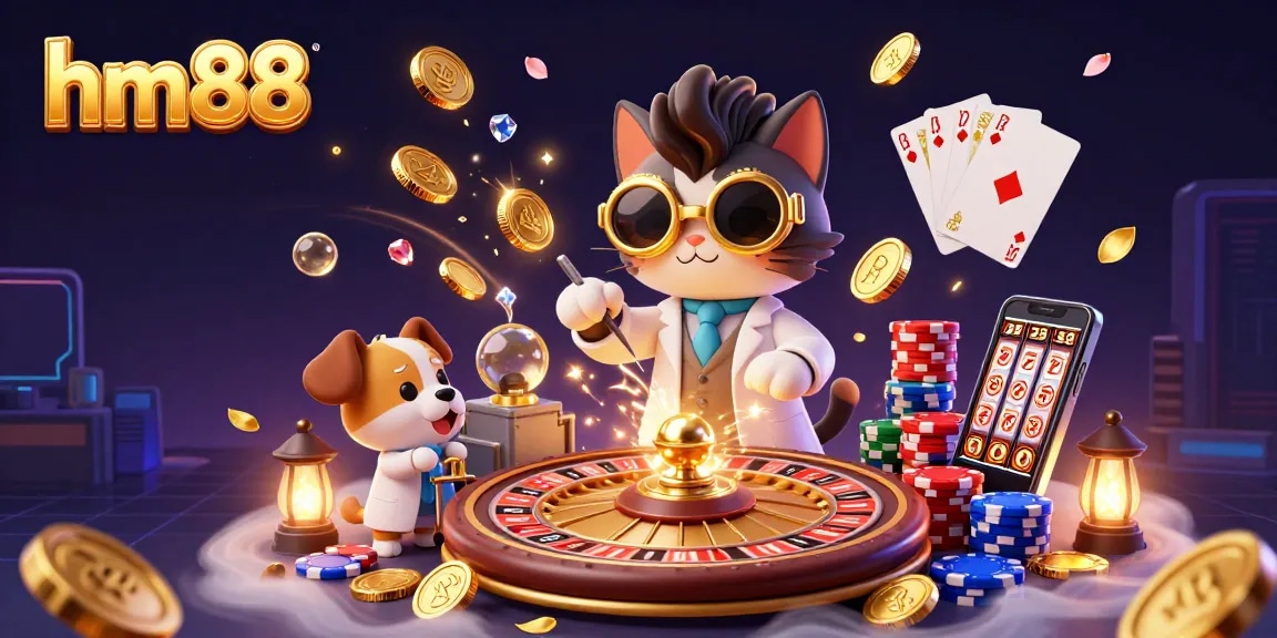 Win big with hm88 in this vibrant 3D illustration showcasing exciting casino elements and characters.