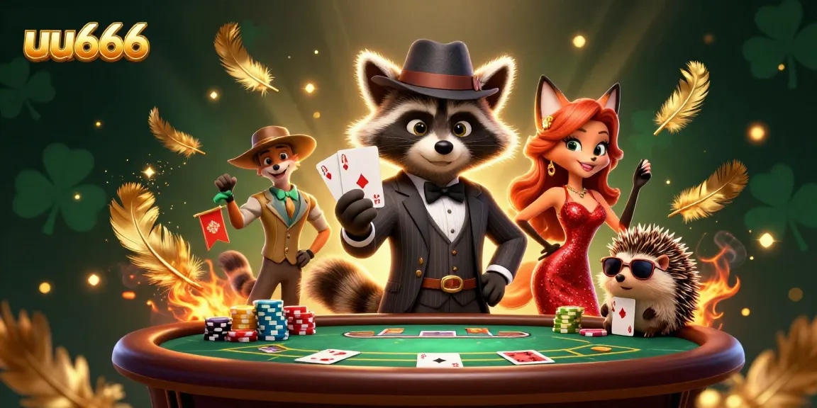 Engaging scene of a suave raccoon and companions enjoying card games at uu666 casino with vibrant casino elements.