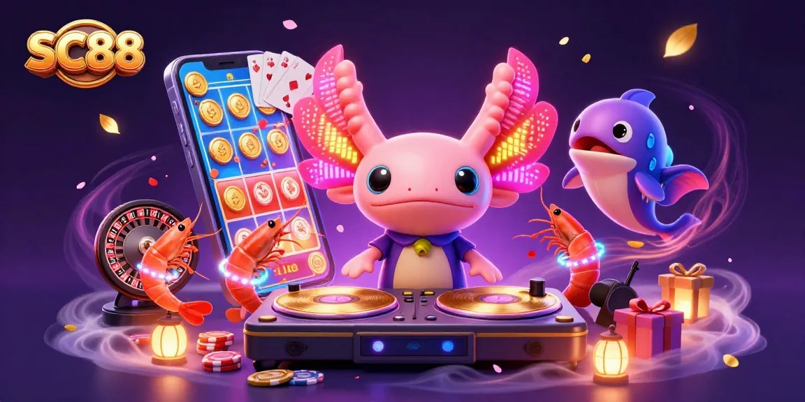 SC88 showcases a vibrant casino scene with a neon axolotl DJ and underwater gaming elements.
