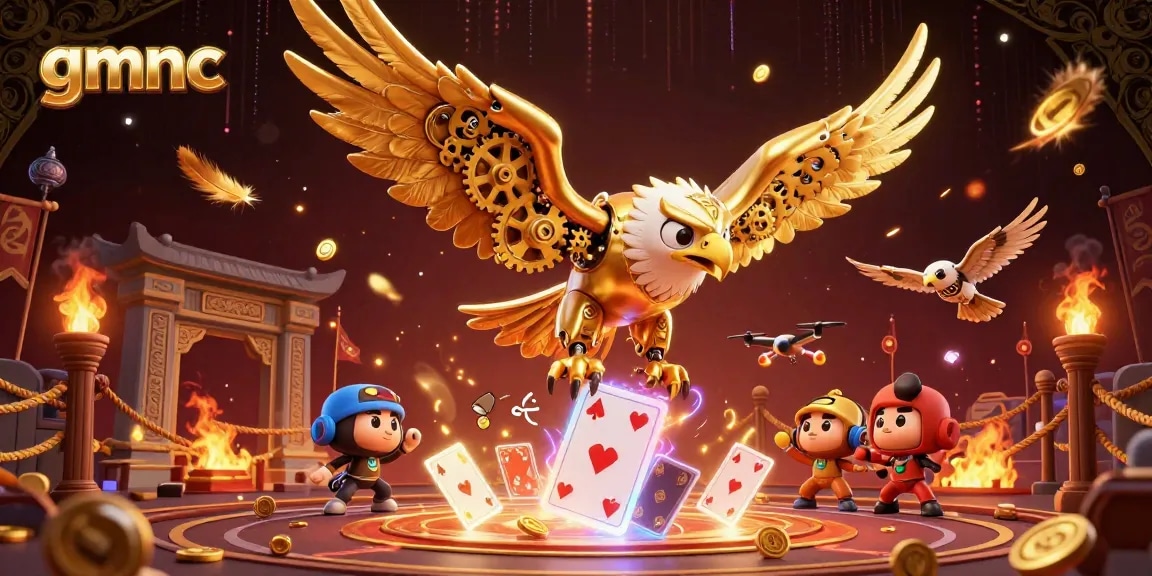 Engage in gmnc's vibrant gaming world with a mechanized eagle among casino elements.