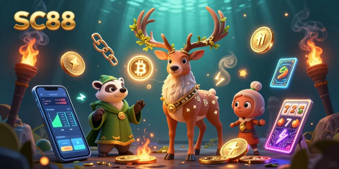 Engage with SC88 in this vibrant casino scene showcasing rich elements of slots and crypto.