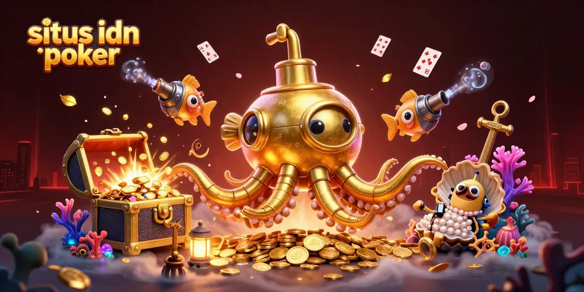 Permainan situs idn poker dengan karakter kraken emas dan ikan mekanik di atas lautan koin.