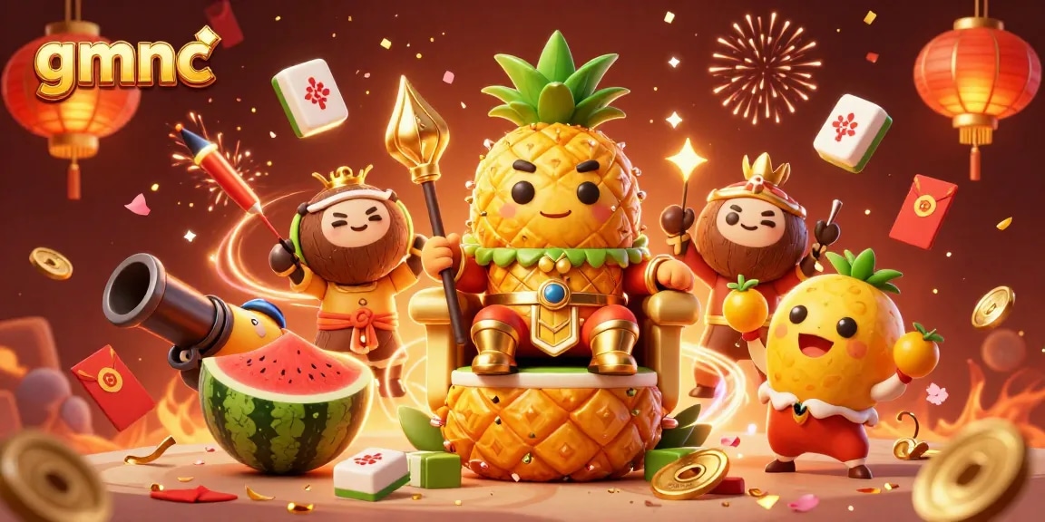 Experience thrilling gameplay with gmnc as the golden pineapple king rules the beach casino in a vibrant 3D illustration.