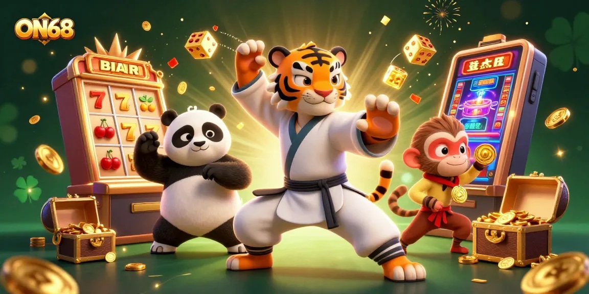 Engage in ON68's thrilling casino experience with a kung fu tiger master, panda disciple, and playful monkey amid jackpot excitement.