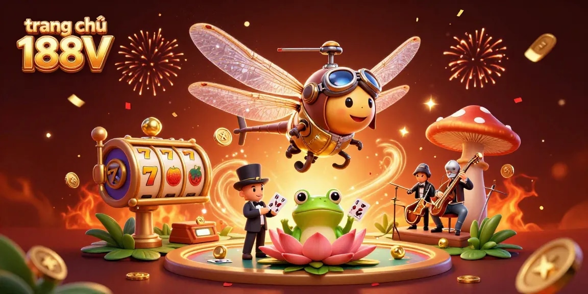 Experience thrilling games on trang chủ 188V with cartoon characters, vibrant slots, and a lively casino atmosphere.