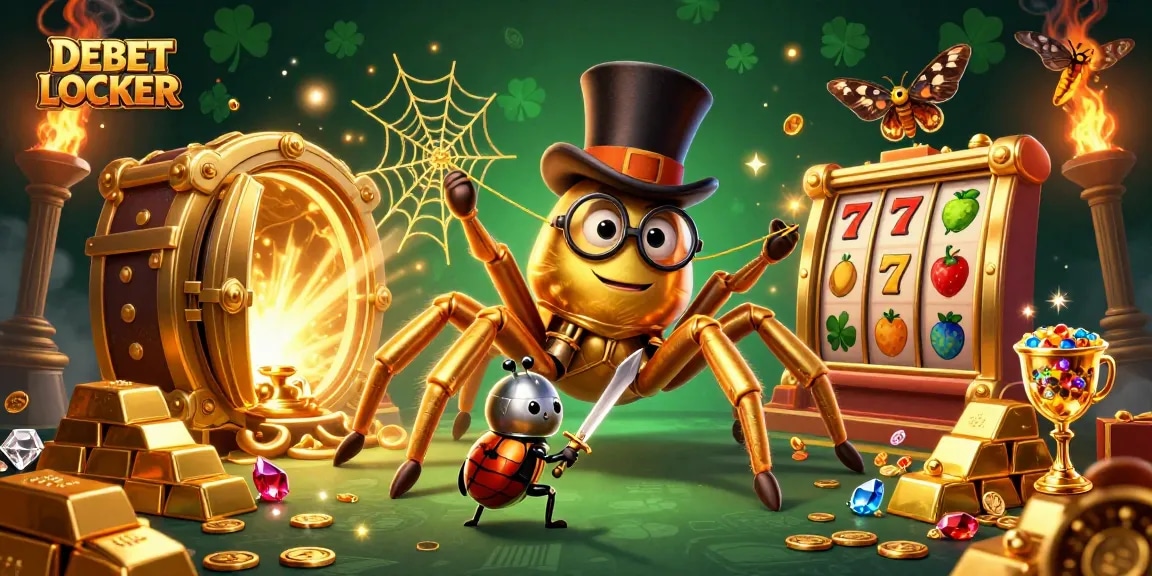 Engage with DEBET LOCKER as a golden tarantula spins luck amidst riches and gaming excitement.