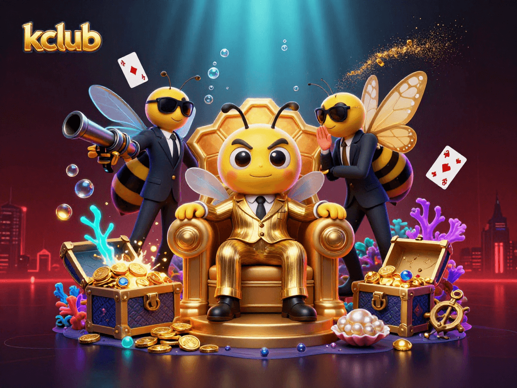 Experience the vibrant world of kclub with a dynamic 3D illustration featuring a bumblebee boss in a casino setting.