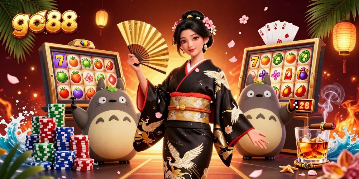 Experience the excitement of go 88 with captivating slot games and festive characters in a vibrant casino scene.