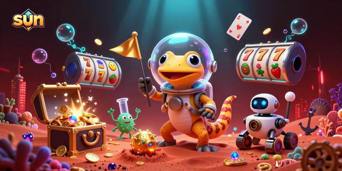 Spin the sun-themed slots with Martian gecko and flowing treasures in a vibrant casino adventure.