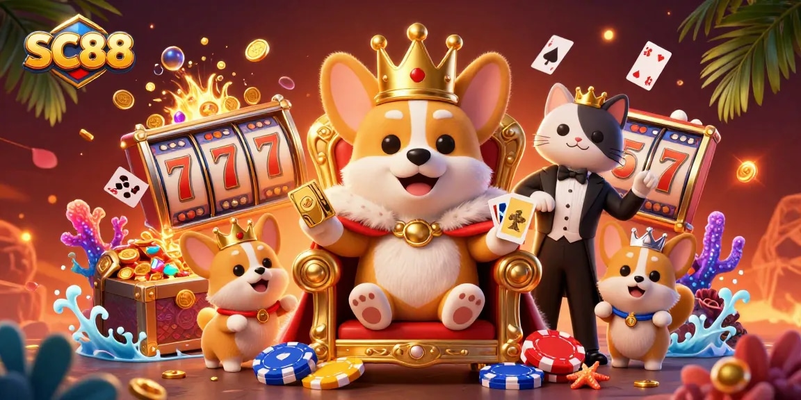 Experience the rich world of SC88 in a dynamic casino scene with charming characters and vibrant elements.