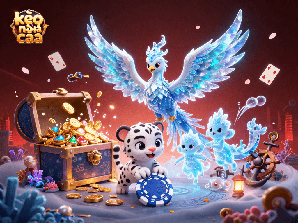 Engage with kèo nhà cái in a vibrant 3D casino scene featuring a phoenix and playful symbols.