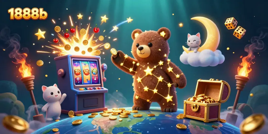 1888b showcases a vibrant casino-themed scene with golden coins and dynamic slot machine action.