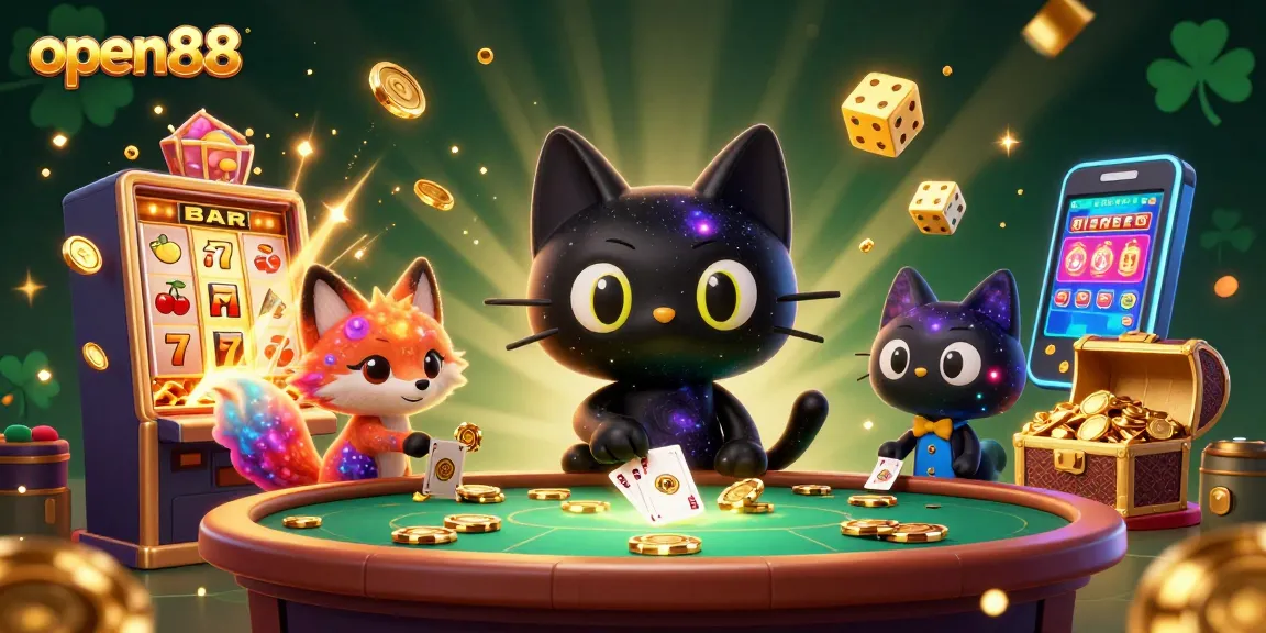 Experience thrilling wins at open88 with a cosmic casino scene featuring vibrant characters and gaming elements.