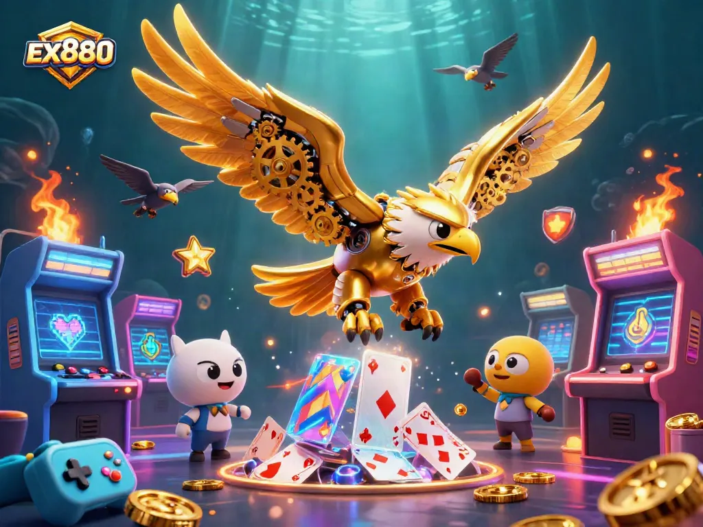 Experience the thrill of ex880 in this vibrant casino scene filled with holographic cards and game elements.