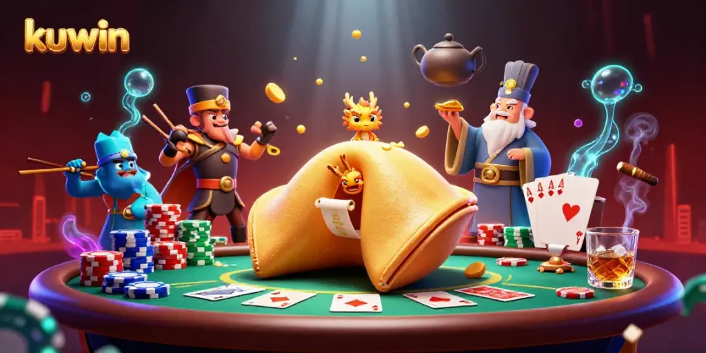 Kuwin showcases a dynamic 3D casino scene with golden fortune cookie, dragon, and poker elements.