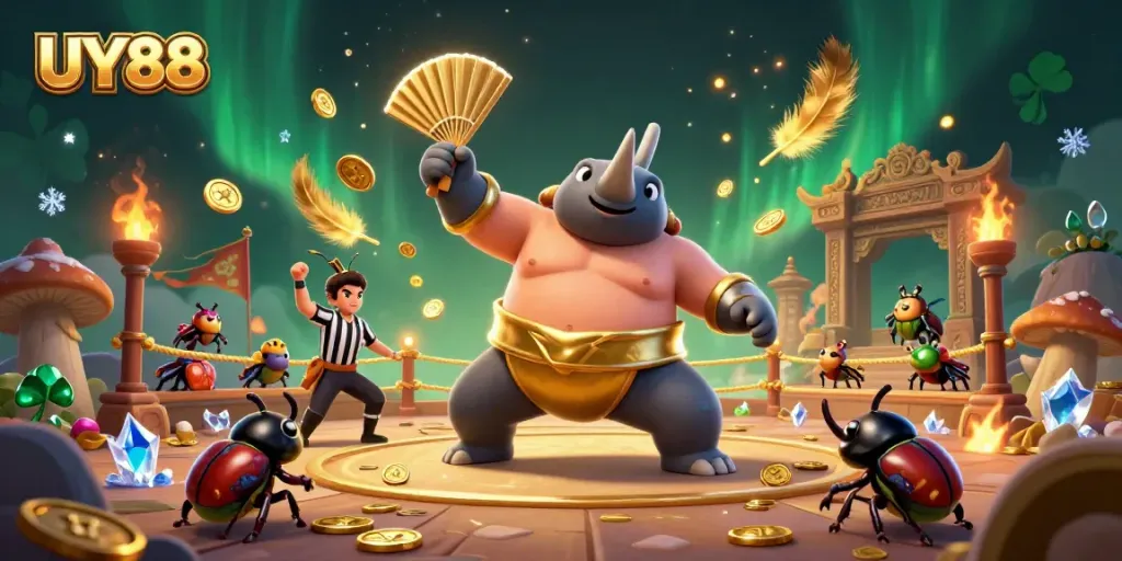 Experience UY88 with a vibrant 3D illustration showing a beetle sumo champion surrounded by coins and festive elements.
