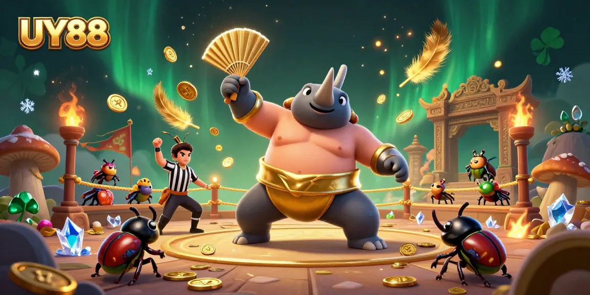 Experience UY88 with a vibrant 3D illustration showing a beetle sumo champion surrounded by coins and festive elements.