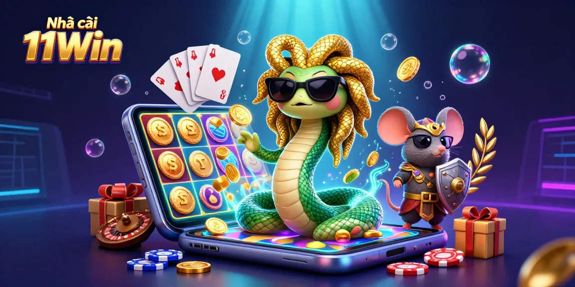 Engage with Nhà cái 11Win through vibrant 3D illustration showcasing Medusa and a warrior mouse in a dynamic casino scene.