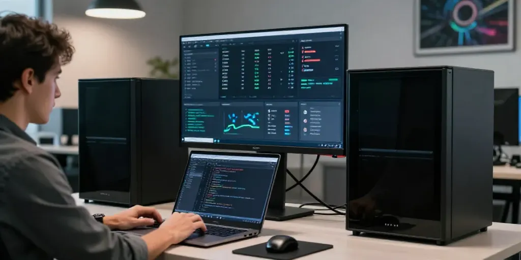 IT expert reviewing web hosting performance data in a modern office
