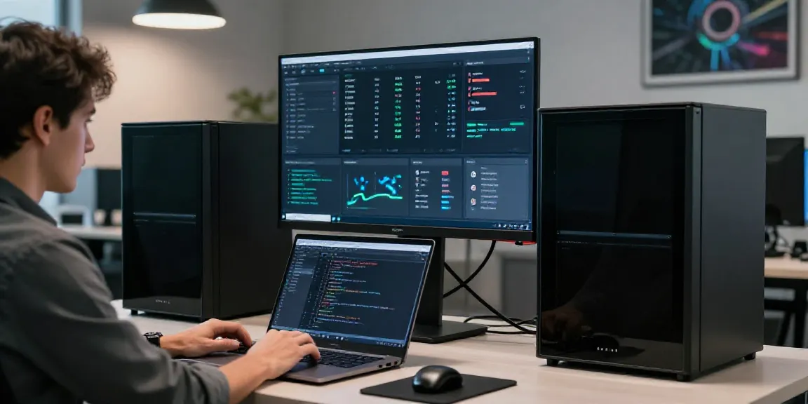 IT expert reviewing web hosting performance data in a modern office