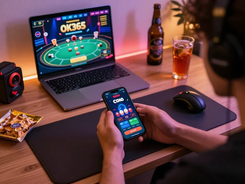 Engaging with OK365 COM app during online gaming session on smartphone at a cozy desk