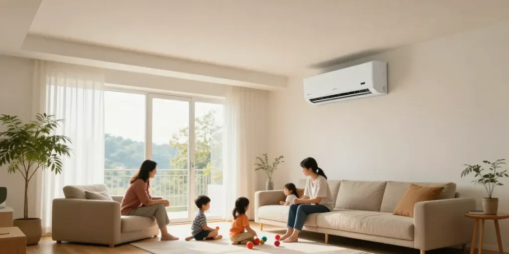 Klimaanlage Einfamilienhaus Kosten im modernen Wohnzimmer mit Familie und natürlichem Licht.