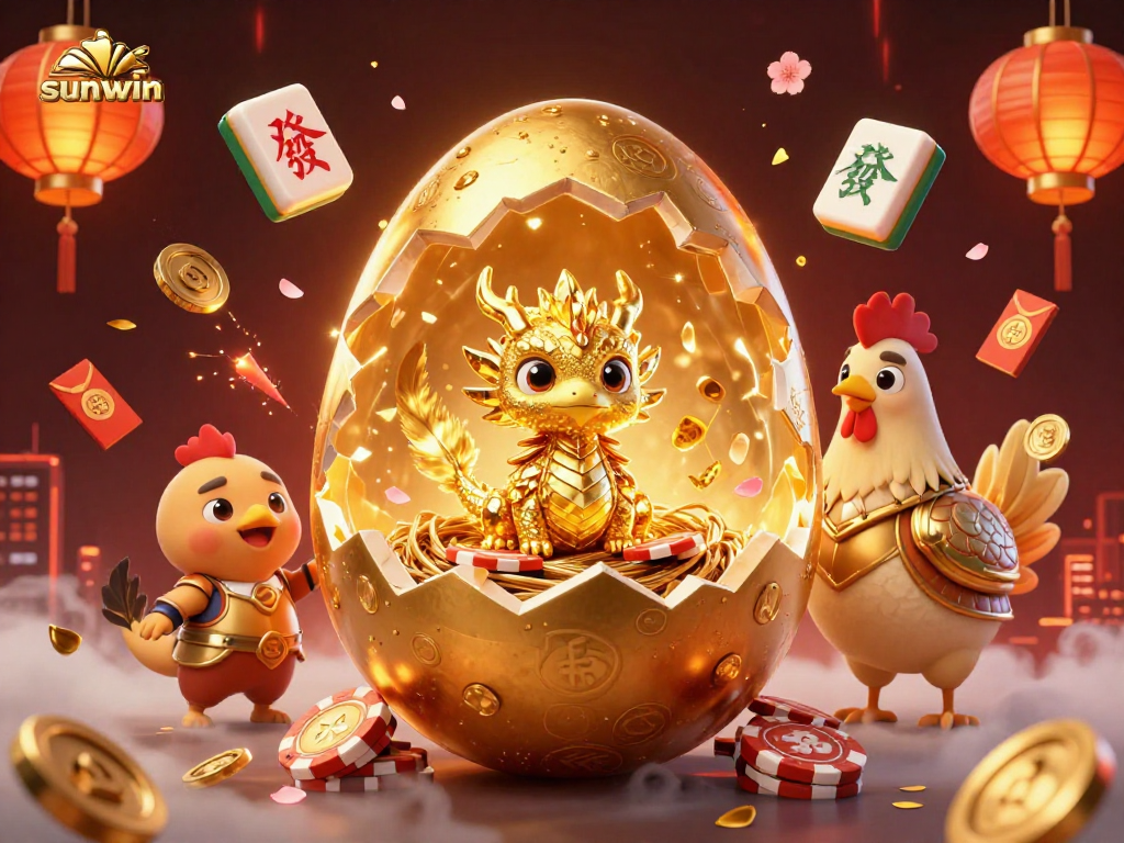 Experience the excitement of sunwin with a captivating 3D illustration of a golden dragon and gaming elements.
