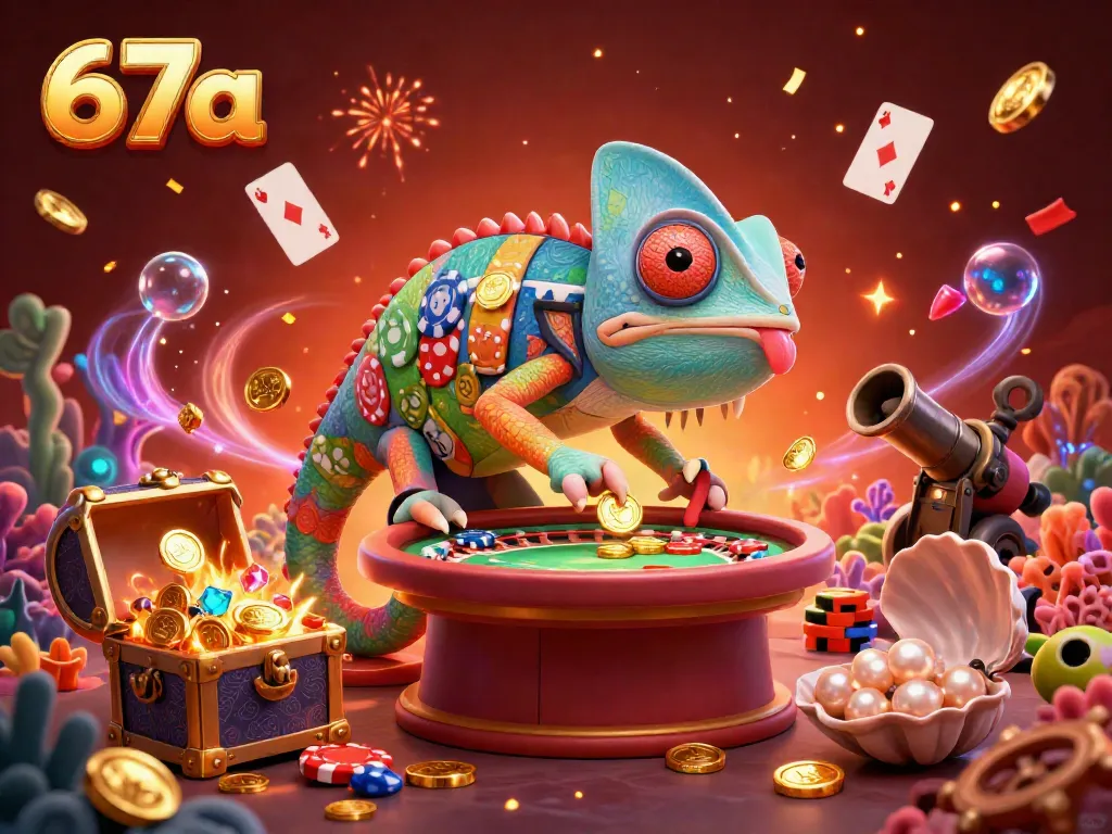 Catching golden coins in a vibrant casino scene with the chameleon casino owner and festive decorations at 67a.