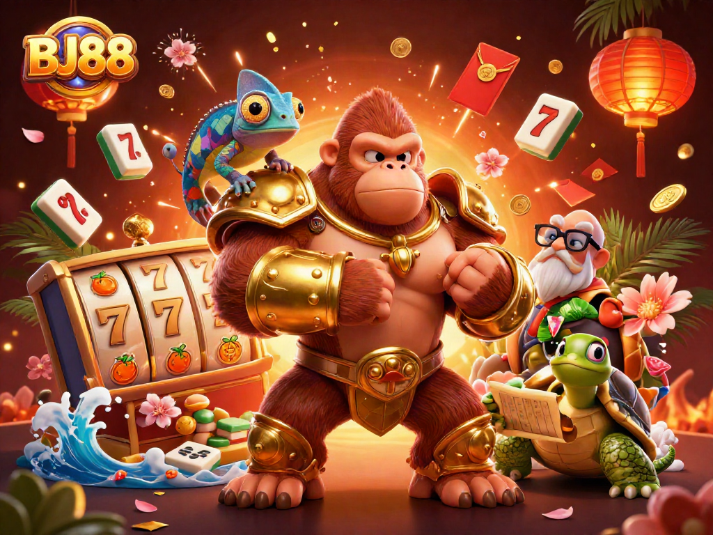 Engage with BJ88's rich gaming experience featuring carts, luxury elements, and vibrant colors.