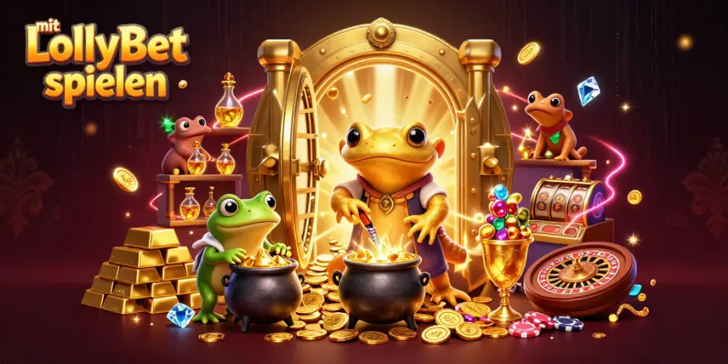 Mit LollyBet spielen und große Gewinne erzielen: Fantasy-Szene mit goldenem Salamander und Casino-Elementen.