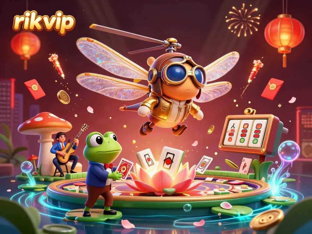 Engage with exciting rik vip casino games featuring dynamic characters, floating mahjong tiles, and vibrant decorations.