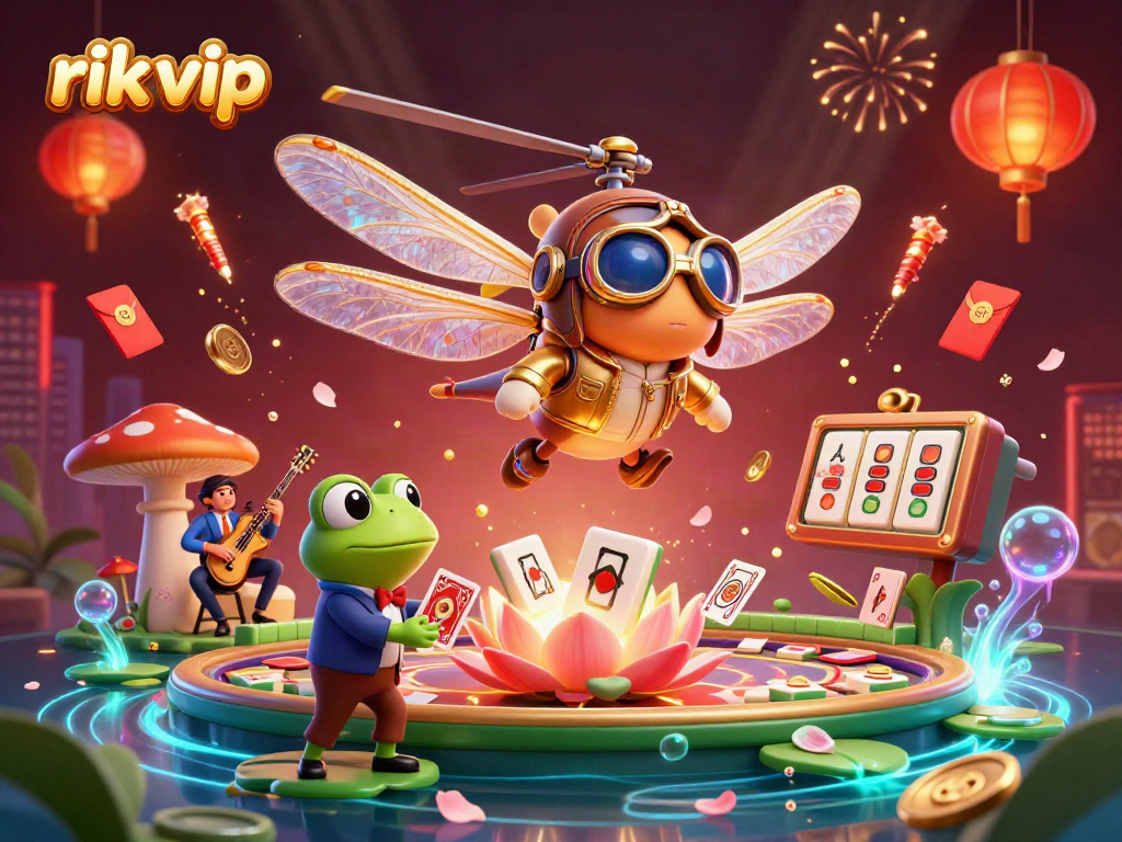 Engage with exciting rik vip casino games featuring dynamic characters, floating mahjong tiles, and vibrant decorations.