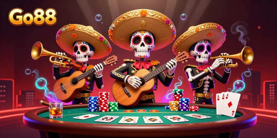 Engage with Go88's lively casino scene featuring vibrant mariachi characters amidst dynamic poker elements.