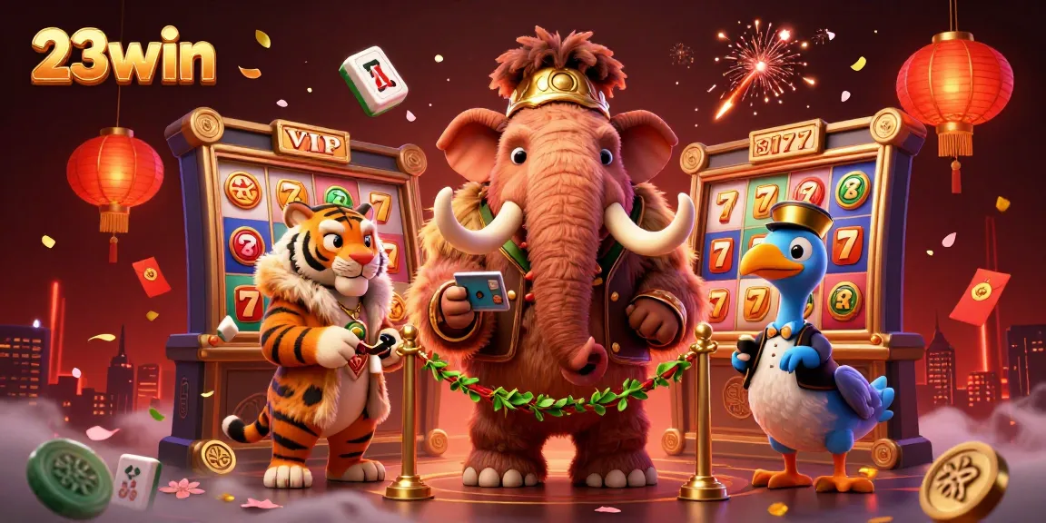Experience thrilling action at 23win with a vibrant casino scene featuring engaging characters and lively decorations.