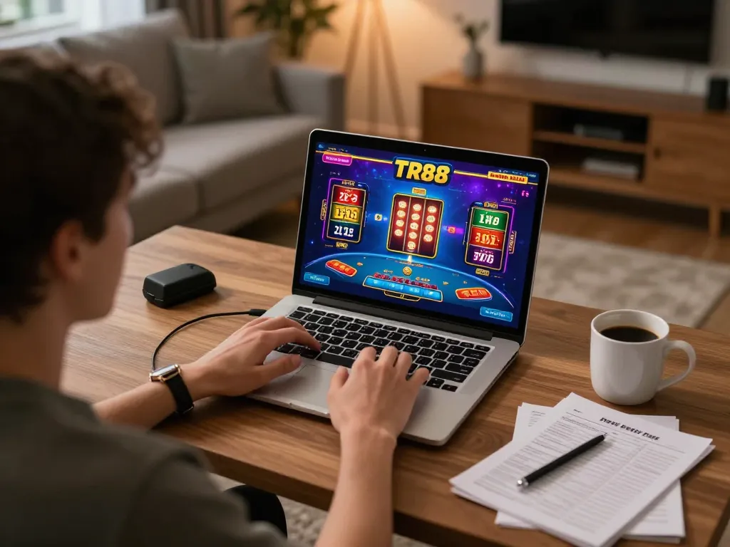 Player using TR88 online casino interface on laptop during an engaging gaming session at home.