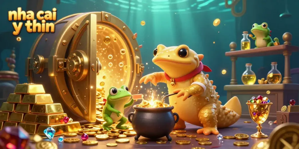 Experience magical alchemy in the nha cai uy tin illustration, where golden coins and gems expand your gambling horizon.