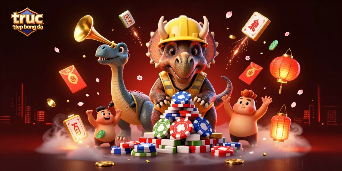 Experience truc tiep bong da as a cheerful triceratops constructs a poker chip pyramid amidst festive elements.