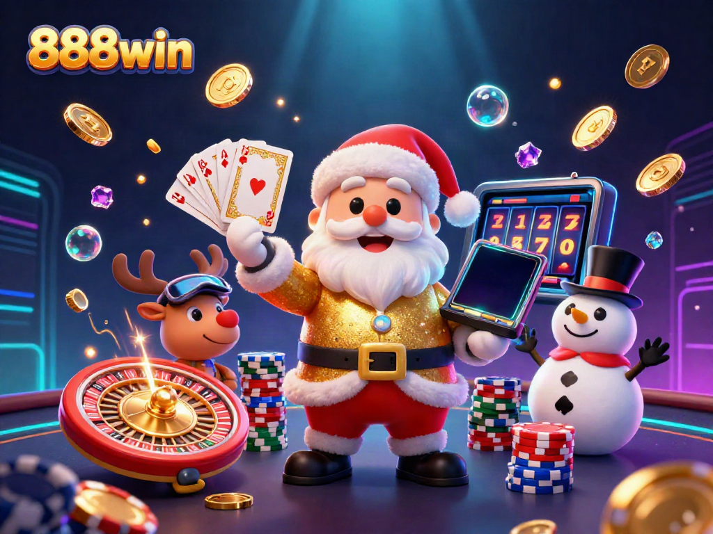 Experience casino excitement with 888win featuring Santa, a reindeer dealer, and a snowman.