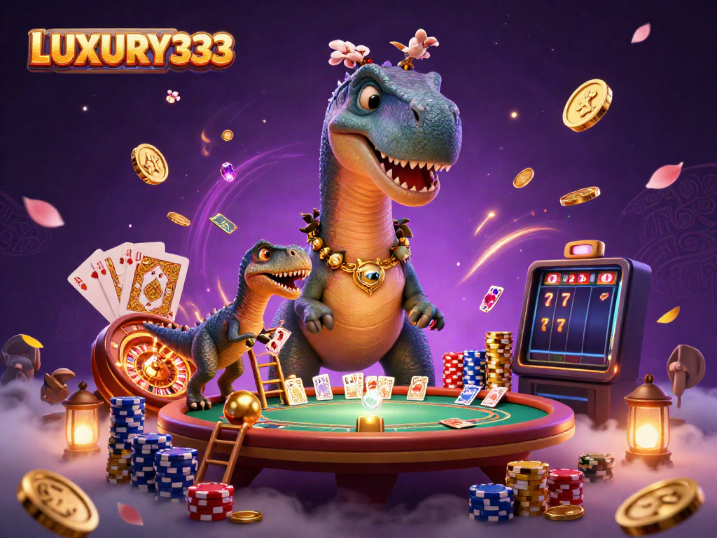Experience the thrill of LUXURY333 with a whimsical casino scene featuring a towering brontosaurus and raptor dealer.