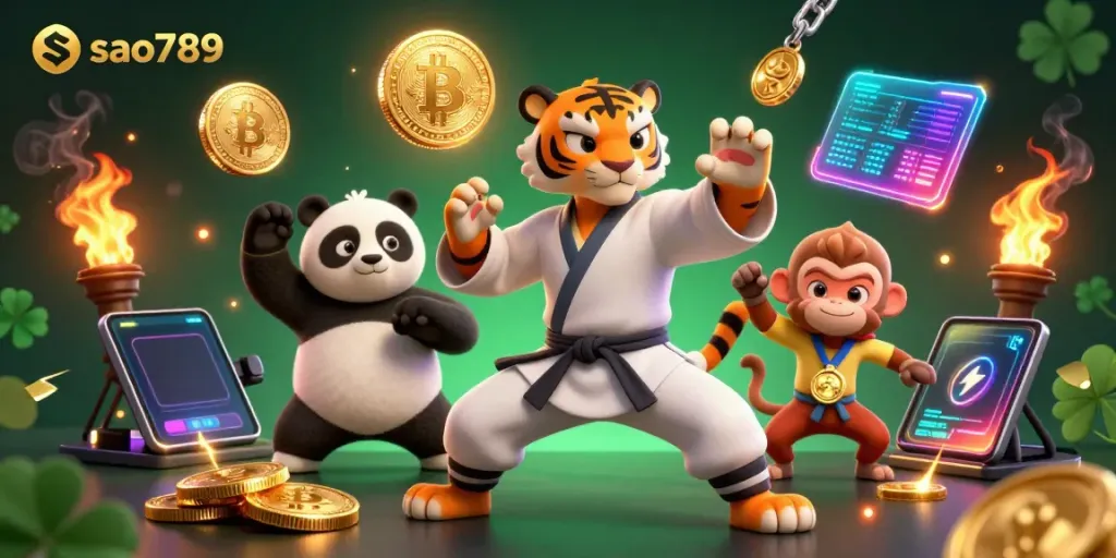 Sao789's vibrant illustration features a kung fu tiger master with dynamic game elements.