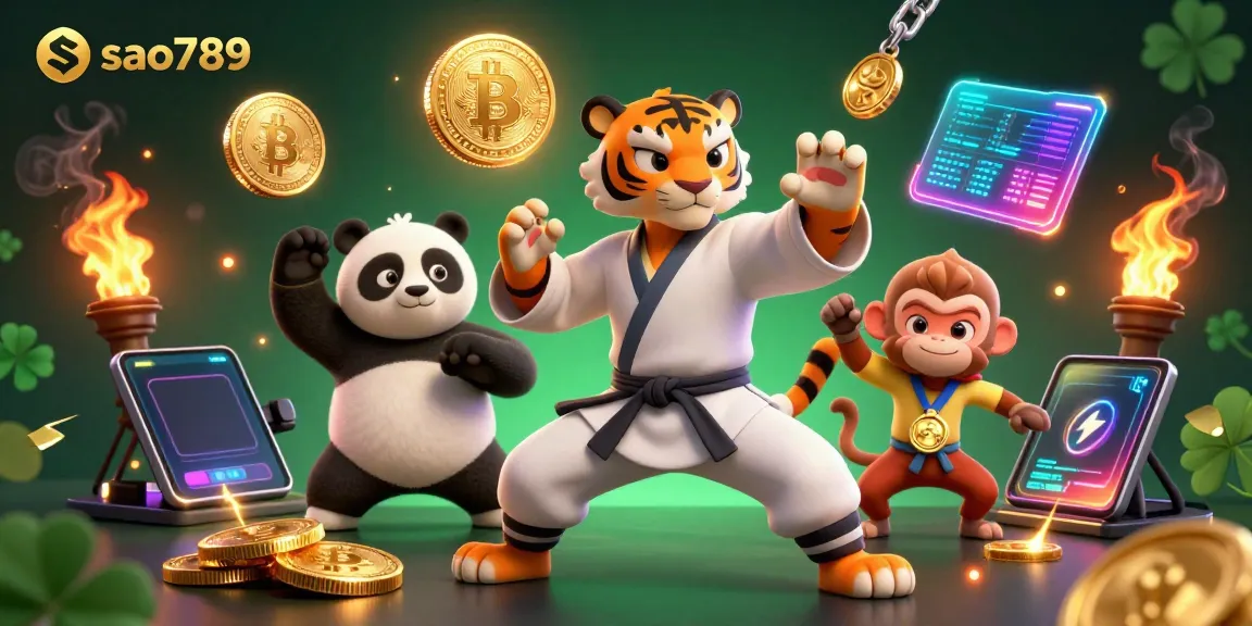 Sao789's vibrant illustration features a kung fu tiger master with dynamic game elements.