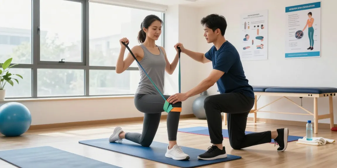 Physiotherapie zur Behandlung von Knieschmerzen mit Übungen und einem Therapeuten in modernem Studio.
